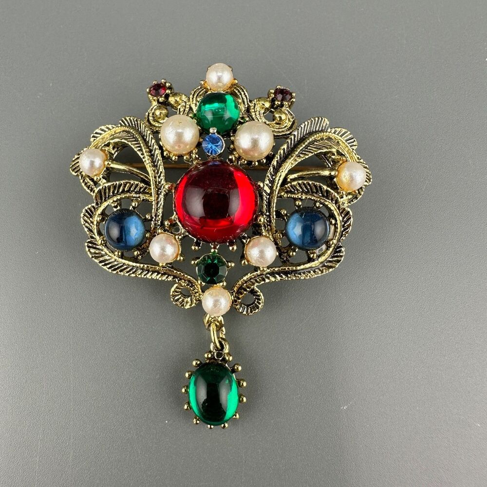 Vintage Brooch Victorian Revival Glass Red Green Blue Cabs Faux Pearls Dangle